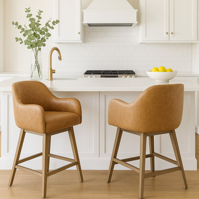 Ensemble de 2 tabourets de bar pivotants à hauteur de comptoir, chaises de bar rembourrées avec dossier et pieds en bois, tabourets de bar en similicuir rustique Farmhouse