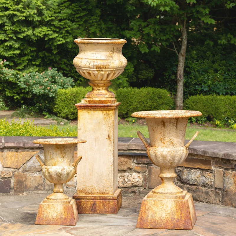 Aged Rusted Metal Outdoor Urn Planter with Pedestal