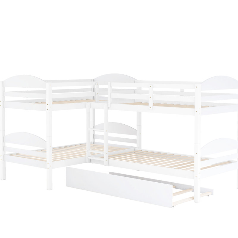 Lit simple superposé en L avec lit gigogne blanc, polyvalent pour différents besoins, structure en bois massif blanc. Fabrication. Besoins de sommeil supplémentaires. 6 ans et plus. Pas de boîte à ressorts. Capacité de 300 lb