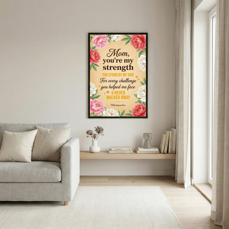 Motif floral de pivoine et de rose avec citation inspirante, art mural sur toile tendue pour la fête des Mères ou décoration intérieure