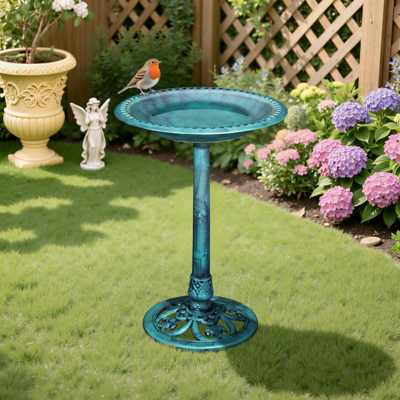 Bain d'oiseaux extérieur en polyrésine de 28 pouces Bobigny, bain d'oiseaux décoratif autoportant avec bord évidé, base stable remplissable, bain d'oiseaux de jardin antique pour cour, pelouse, patio