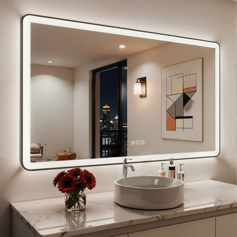 Lunara Independent Dual Backlit&Front Lights LED Wall Mirror, Rounded Corner Matte Black Metal Framed Bathroom Mirror with Tempered Glass