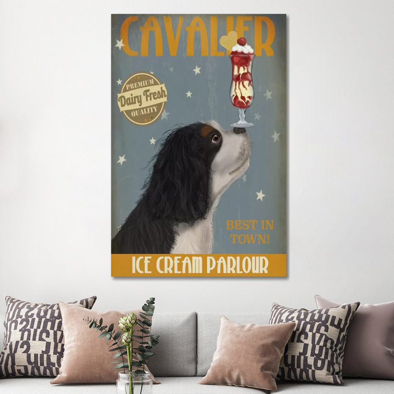 Cavalier King Charles (Black White) Ice Cream Parlour by Fab Funky - Wrapped Canvas Gallery-Wrapped Canvas Giclée