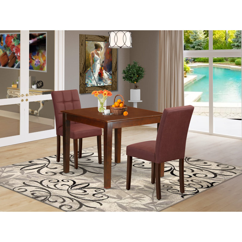 3 Piece Dining Set contain A Dinner Table and 2 Burgundy Polyester Fabric Modern Chairs, Mahogany, Burgundy, Mahogany