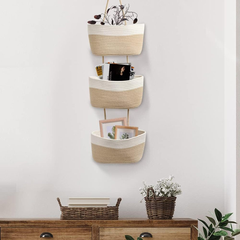Panier de rangement suspendu au-dessus de la porte, panier de rangement mural en coton tissé à 3 niveaux avec paniers de cuisine décoratifs - blanc + jute