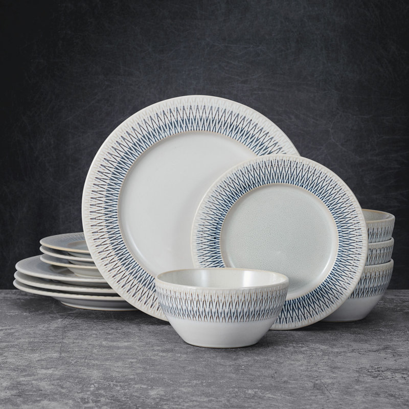 Casey White and Blue Ceramic 12-Piece Dinnerware Set