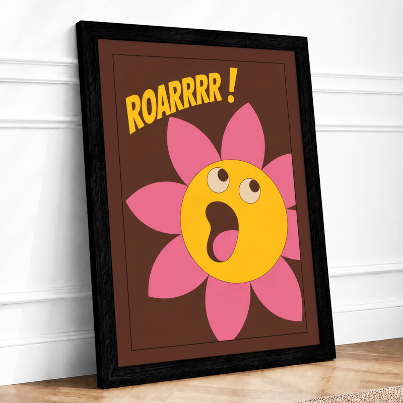 Cheerful Roaring Flower Cartoon - Framed Print, A2 - 59.4 x 42.0 cm, Black