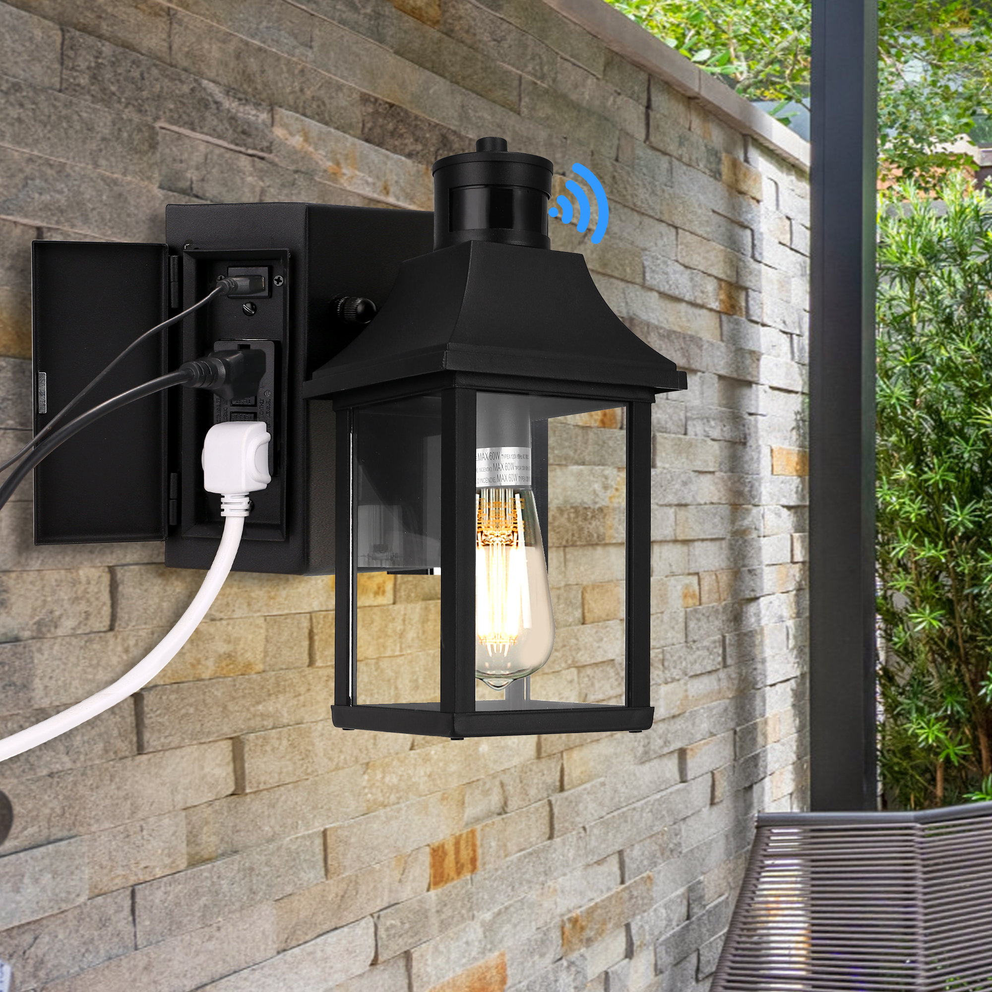 Arlmont Nyomie 1-Light Black Dusk to Dawn Motion Sensor Outdoor Wall  Lantern Sconce,Built-In GFCI and USB Outlets Wayfair