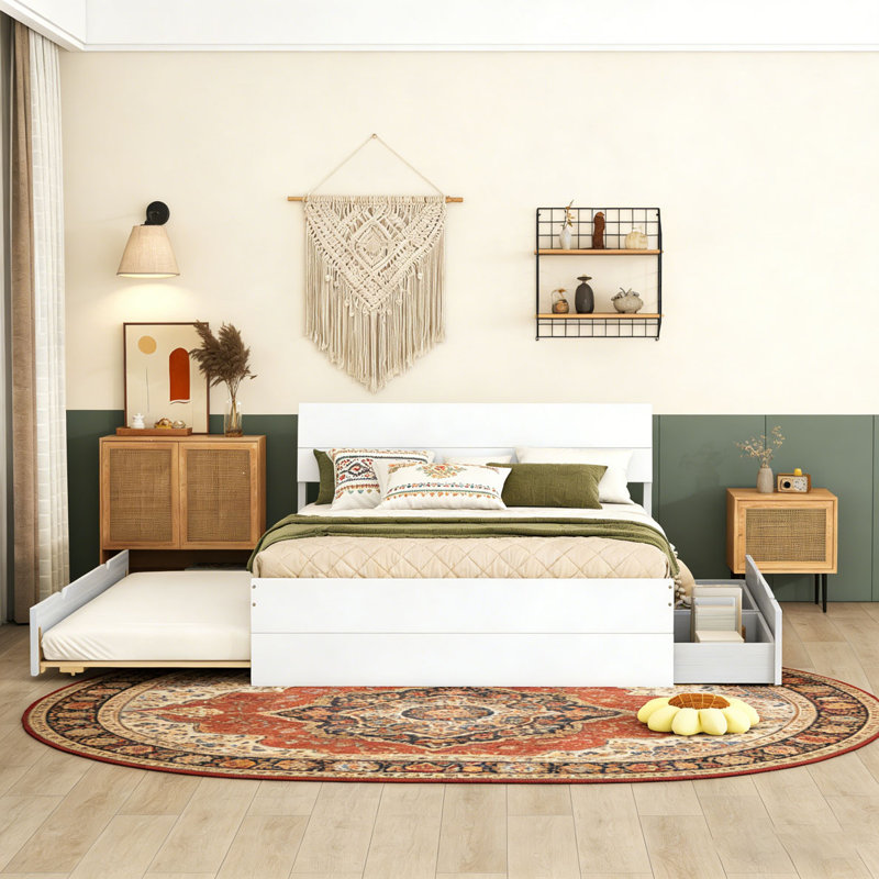 Modern Twin Bed Frame For White High Gloss Headboard and Footboard, White, Trundle+Drawers