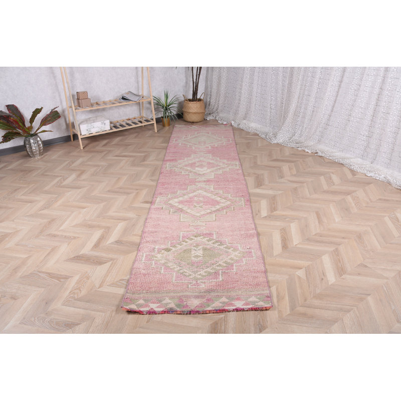Tapis de chemin de fer turc rétro vintage rose Herki avec décorations bohémiennes et anatoliennes