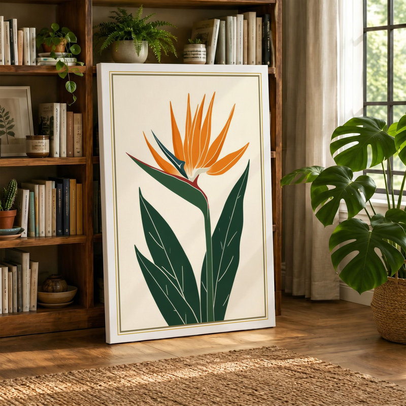 Bird of Paradise Botanical - Wrapped Canvas, 30x20 - 76.2 x 50.8 cm, Teal Border