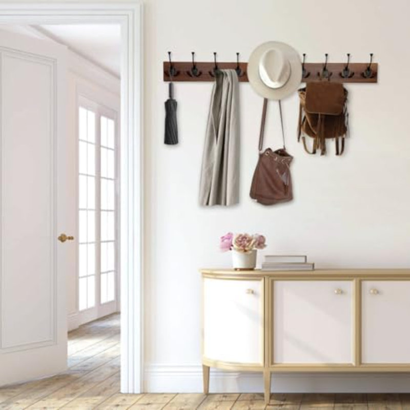 Brown Wood Wall Mounted Coat Rack, 34" Long with 10 Black Tri-Hooks | Burnt Finish Heavy Duty Wood Coat Hanger, Rustic Coat Hooks Rail for Entryway, Living Room, Coat, Scarf, Bag, Towel, Hat