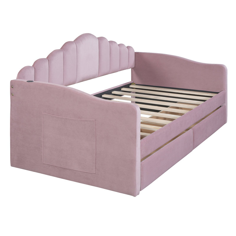 Upholstered Daybed With 2 Drawers, Pink