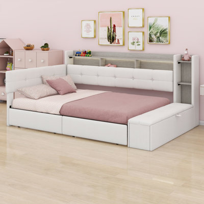 Lit de jour rembourré avec repose-pieds, tablettes, lumière DEL, chargement USB et deux tiroirs