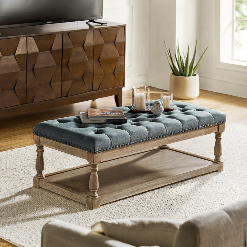 Clymer Farmhouse 47.5"W Tufted Solid Wood Rectangle Cocktail Ottoman with Storage Tray, Blue Performance Linen