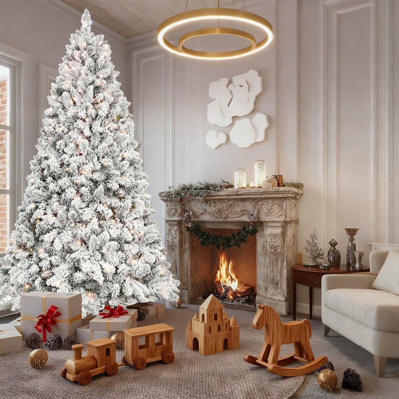Arbre de Noël pré-éclairé enneigé avec pommes de pin et arbre de Noël, H 8 pi