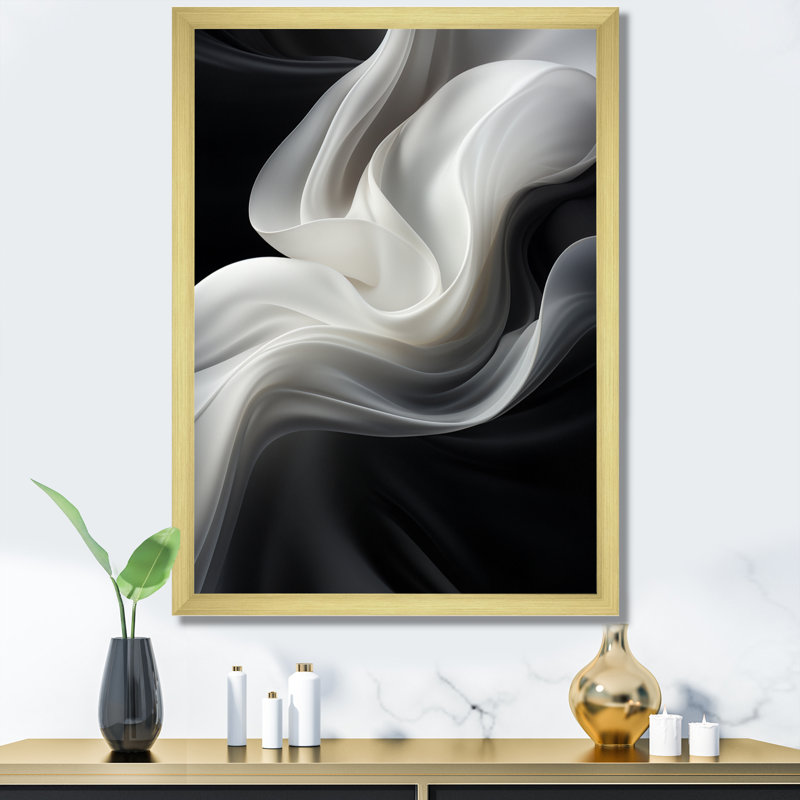White Black Abstract Turbulence On Canvas Print, 20" H x 12" W x 1" D, Gold Single Picture Framed