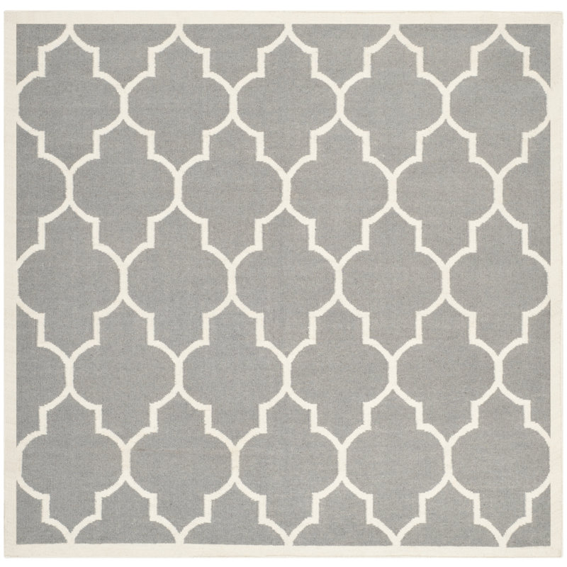 Rodgers Hand Woven Flat Weave Wool/Cotton Geometric Rug in Ivory/Gray, Square 8'