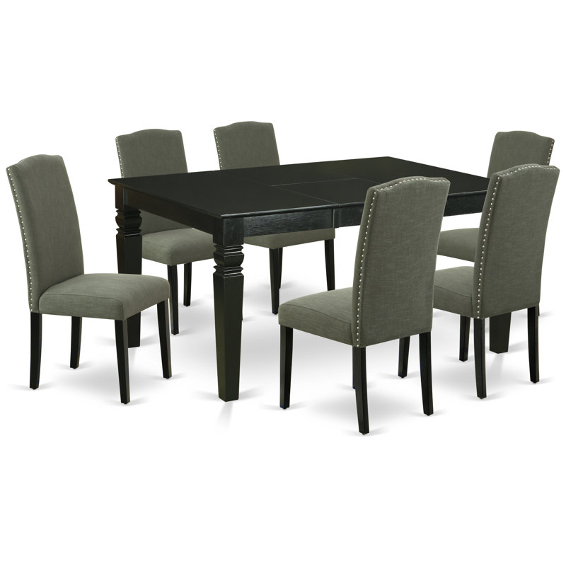 Ensemble de salle à manger 7 pièces composé d'une table de salle à manger rectangulaire avec feuille papillon et 6 chaises rembourrées en tissu Gotham