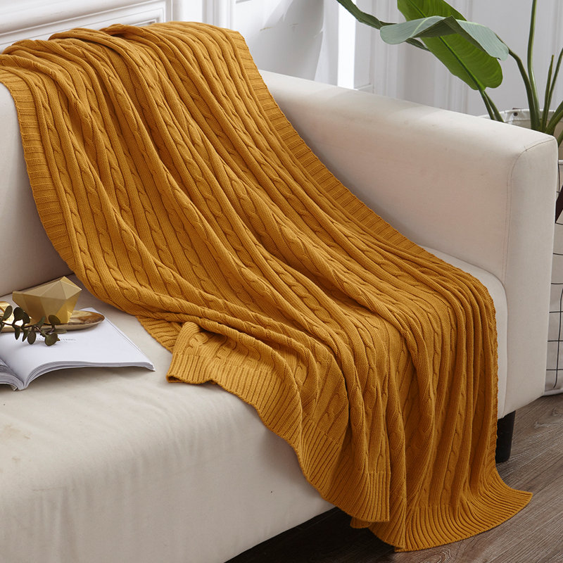Jeté tricoté, jeté 100% pur coton, lavable à la machine, confortable - NTBAY, Jaune gingembre, L 67 po x l 51 po