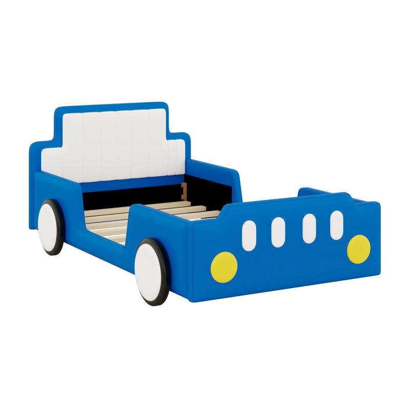 Lit plateforme en forme de voiture de course avec roues décoratives, Bleu