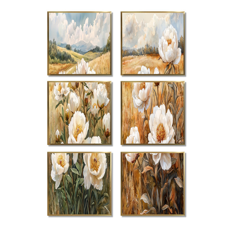 Pivoines le long de la campagne - ensemble d'art mural floral de 6, Impression encadrée sans passe-partout, Doré