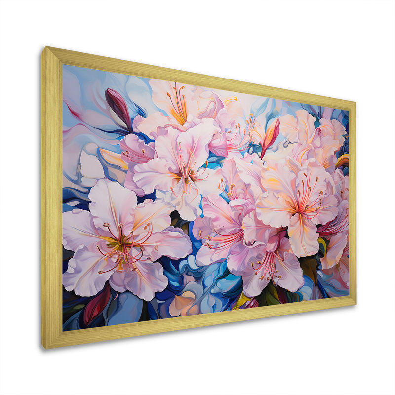 Motif de fleurs de rhododendron rose - imprimé, H 24 po x l 32 po x P 1 po, Cadre doré simple