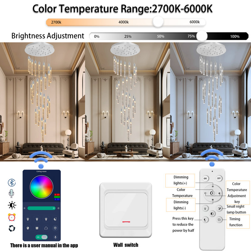 Grand lustre à intensité variable de 12 pi avec 28 lumières Addiley, Argent