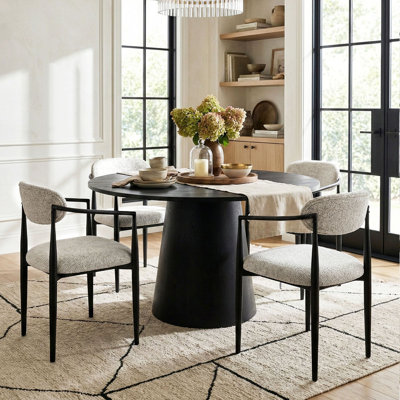 46" Round Black Pedestal Dining Table With 4 Upholstered Armchairs In Beige