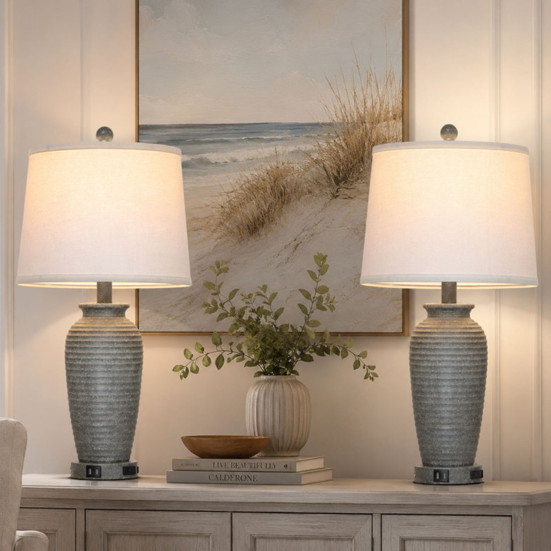 25" Bedside Table Lamps with 3-Way Touch Control, USB & Type-C Charging Ports, Bulbs Included, Gray
