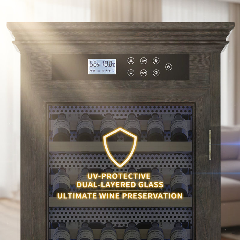 Armoire à vin autoportante, refroidisseur à vin élégant avec porte en verre résistante aux rayons UV, éclairage DEL et support de rangement