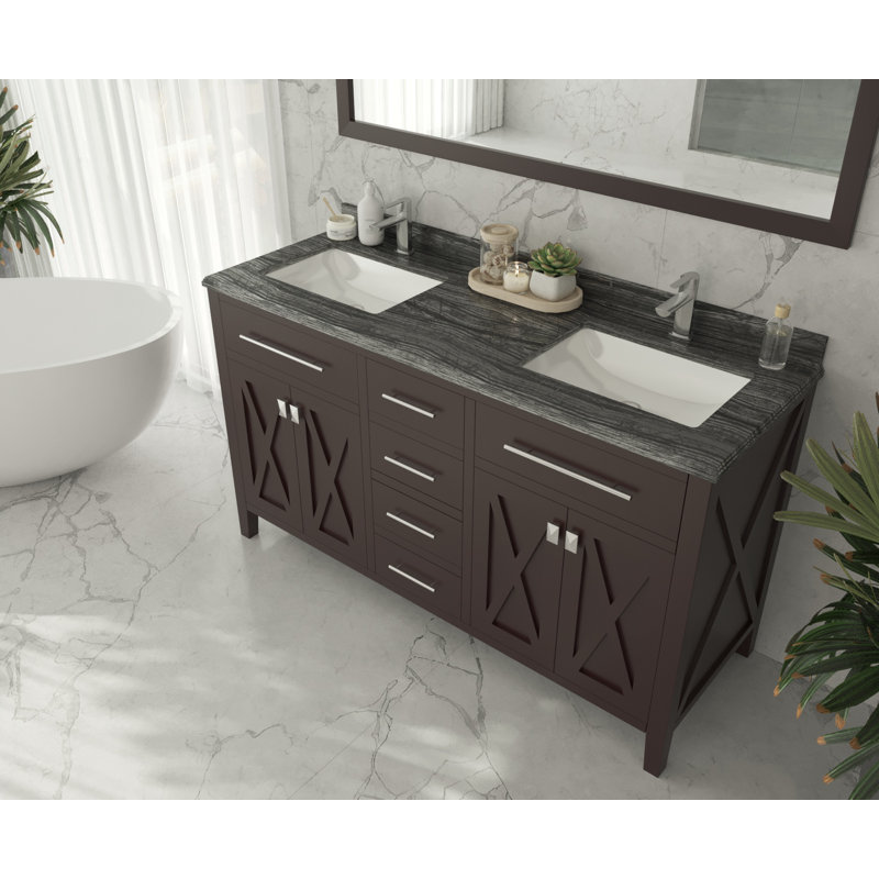 Ensemble de meuble-lavabo double 60 po Vitiello, Brun, Bois noir