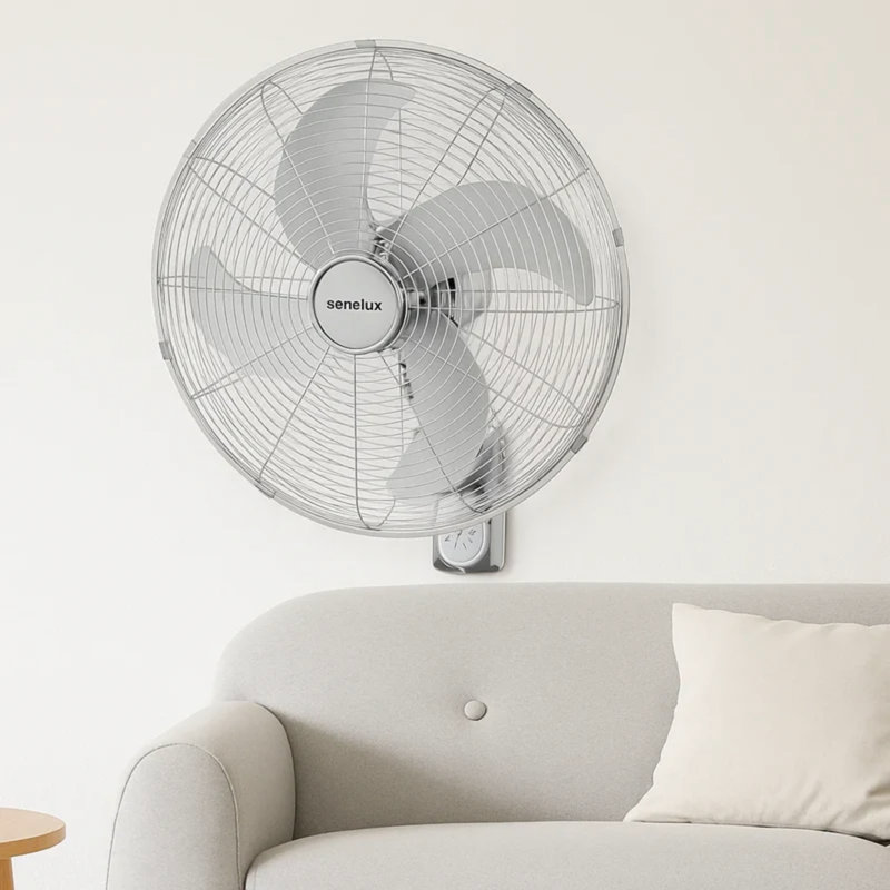 Senelux 16 Inch Chrome Wall Mounted Fan with Optional Remote, Automatic Oscillation and Variable Wind Speeds