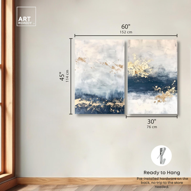«Gilded Coastal Calm Blue Art», ensemble de 2 impressions sur toile par , Toile tendue, Ne s’applique pas, H 45 po x l 30 po