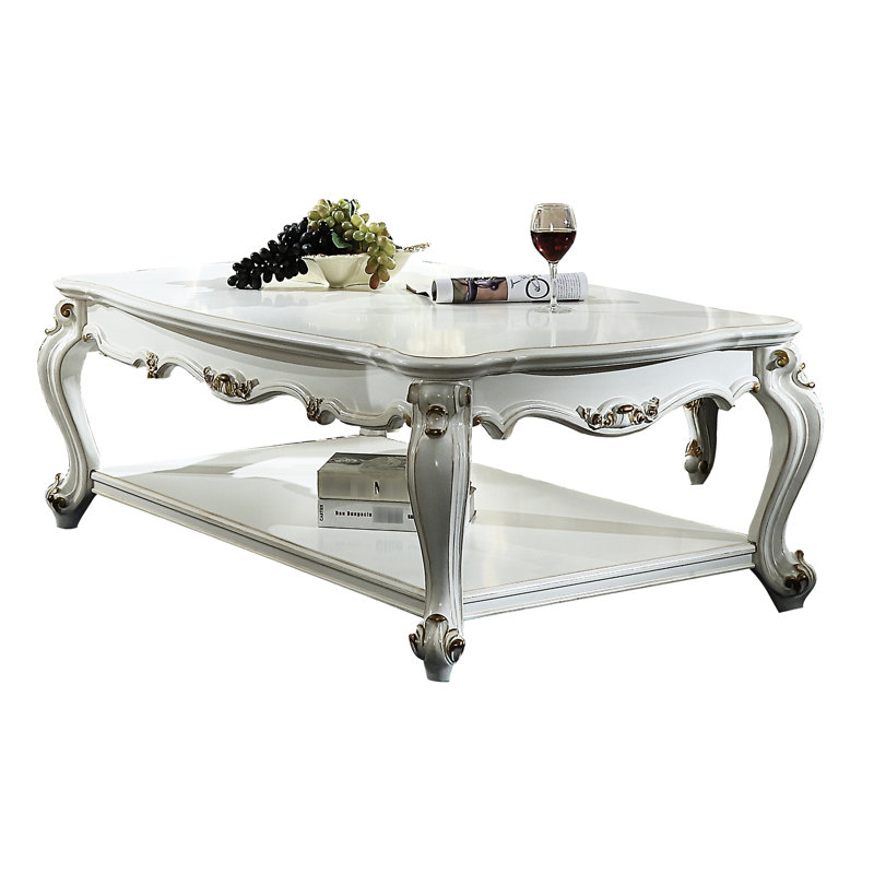 Table basse antique Pearl avec plateau rectangulaire et étagère de rangement, forme incurvée élégante