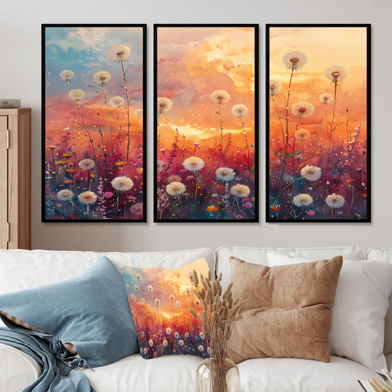 Ensemble de décorations murales pissenlit rose et orange, H 28 po x l 36 po x P 1 po, Toile avec cadre flottant noir