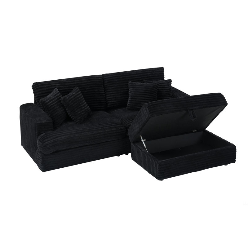 Canapé 88,58 pouces en velours côtelé, pieds de rangement simples et quatre coussins, Noir