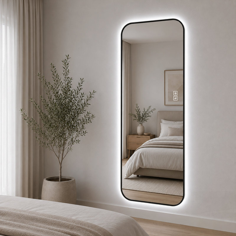 Miroir surdimensionné rétroéclairé par DEL avec 3 températures de couleur réglables, cadre en aluminium noir pour chambres et garde-robes modernes