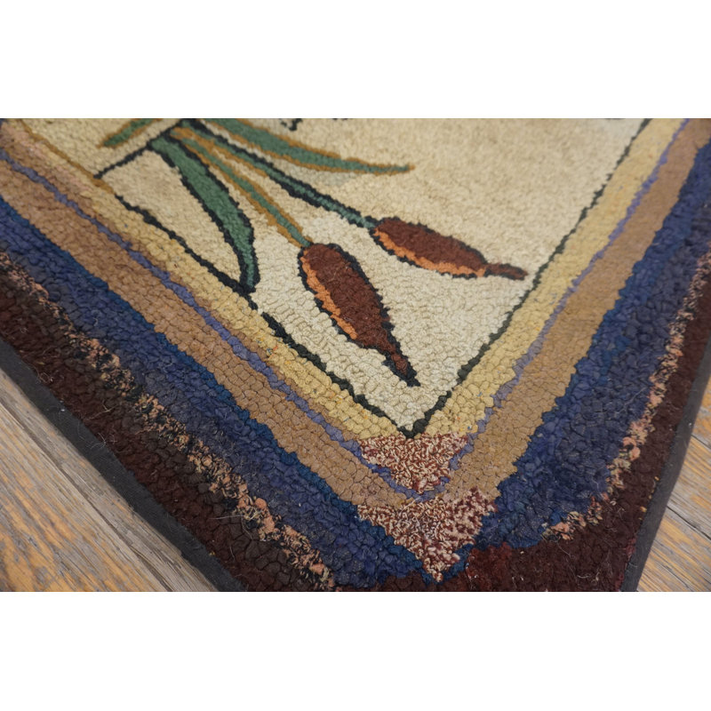 Small Artistic Pictorial White Swans Antique Folk Art American Hooked Rug