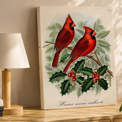 Toile, une paire de cardinaux rouges éclatants perchés sur un luxueux art mural vert
