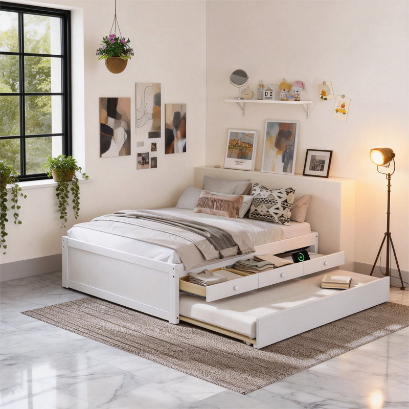 Lit plateforme double avec lit gigogne, Double, Blanc