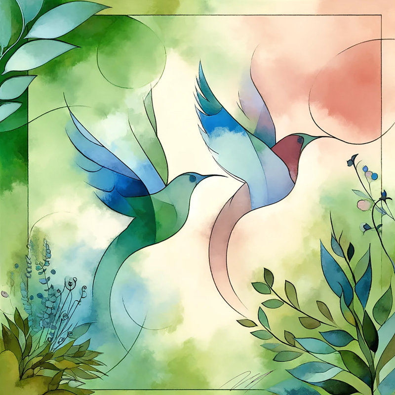 Aquarelle, vol: oiseaux stylisés à l'aquarelle, H 12 po x l 12 po x P 1 po