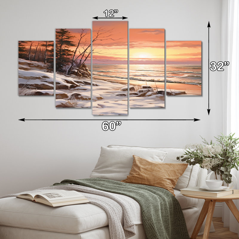 «Beach Winterscene Warm Pastel Sunset I» - Reproduction d'art mural plage - 5 panneaux