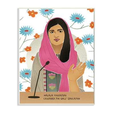 Malala, parole, sur, bleu, orange, fleurs, icône, femme