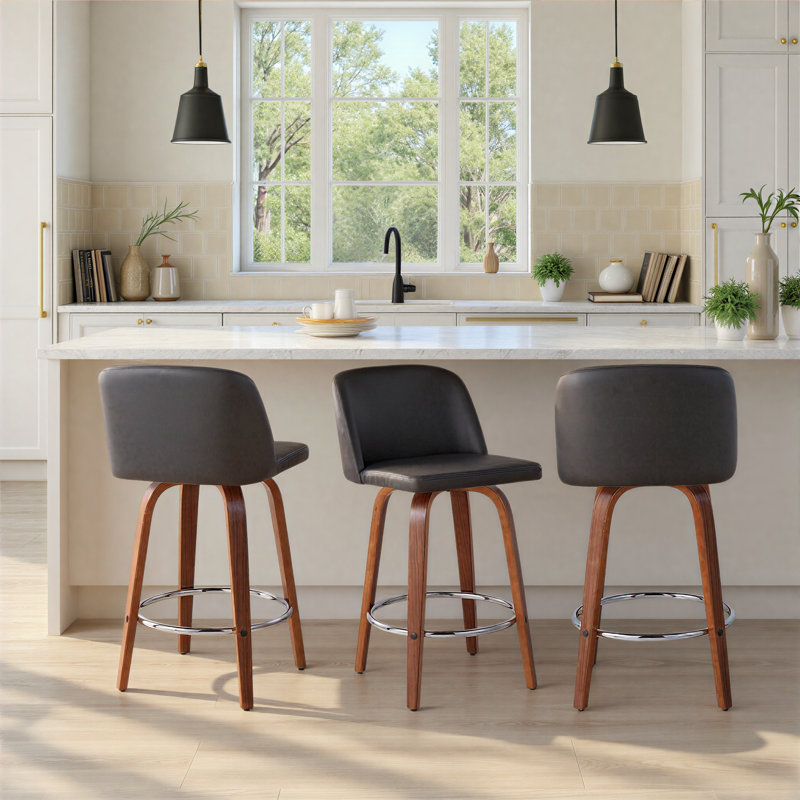 Tabouret de comptoir à hauteur fixe de 26 po avec pieds en bois cintré et repose-pieds rond Thea, Noyer / Chrome