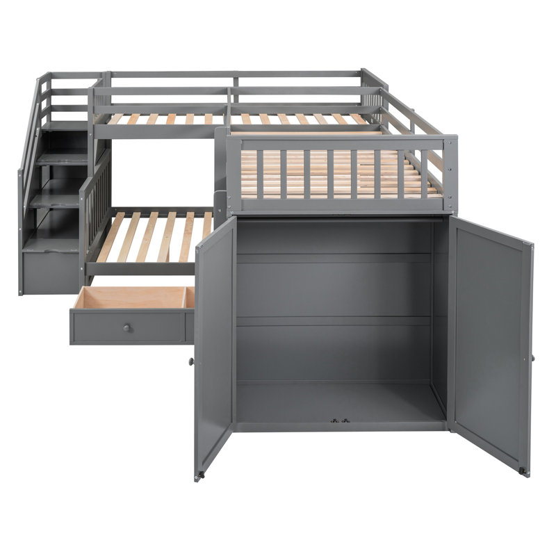 Lit superposé au-dessus d'un lit double gris - 3 tiroirs, bureau et garde-robe pour un lit polyvalent d'organisation, tous les besoins