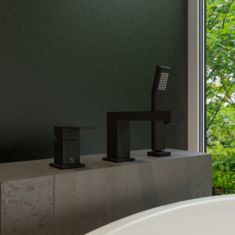 Black Matte Modern Deck Mounted Tub Filler with Handheld Shower