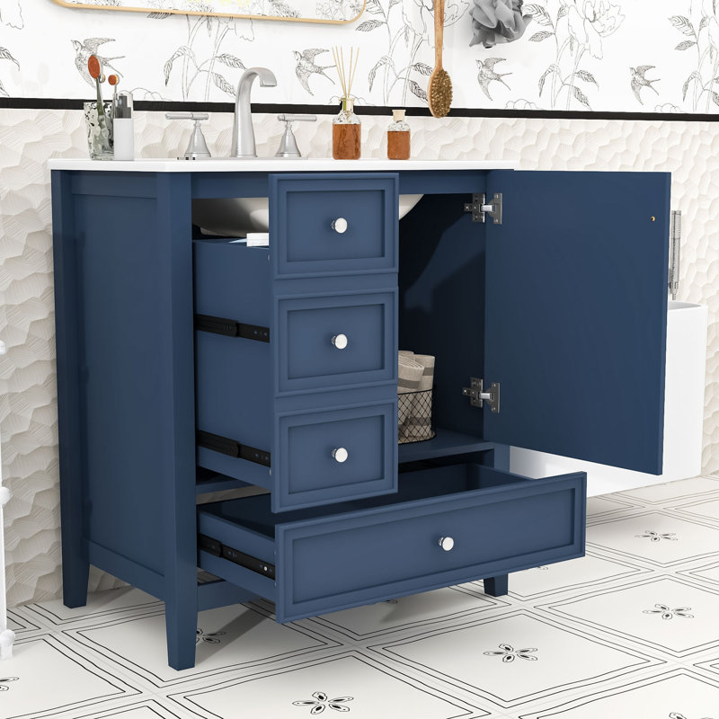 Meuble-lavabo moderne avec lavabo en céramique intégré, armoire à charnières à fermeture en douceur et 3 tiroirs, Bleu