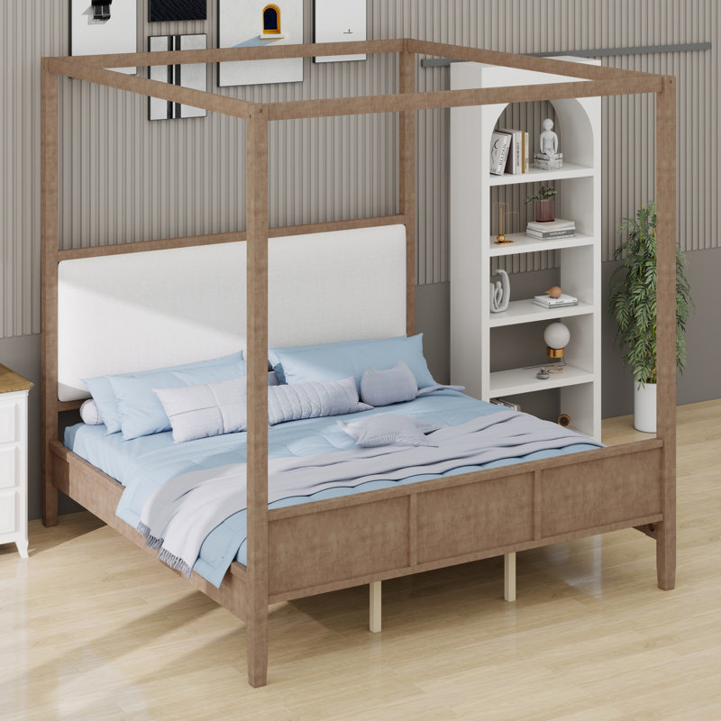 Lit à baldaquin contemporain en bois avec tête de lit rembourrée et structure robuste, Natural Walnut