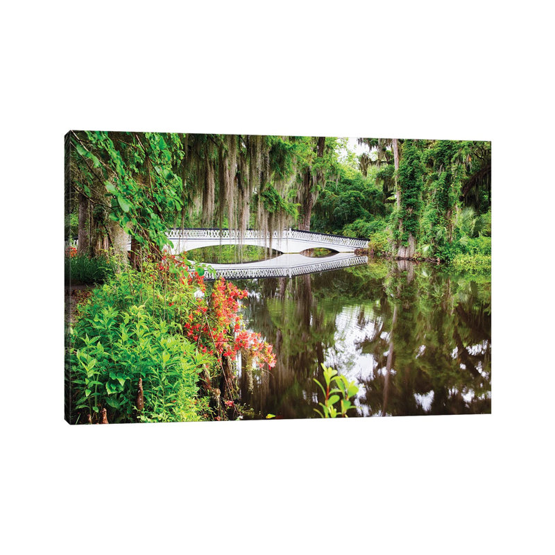 Little White Wooden Footbridge In A Lake, Magnolia Plantation, Charleston, South Carolina by George Oze - Wrapped Canvas Print